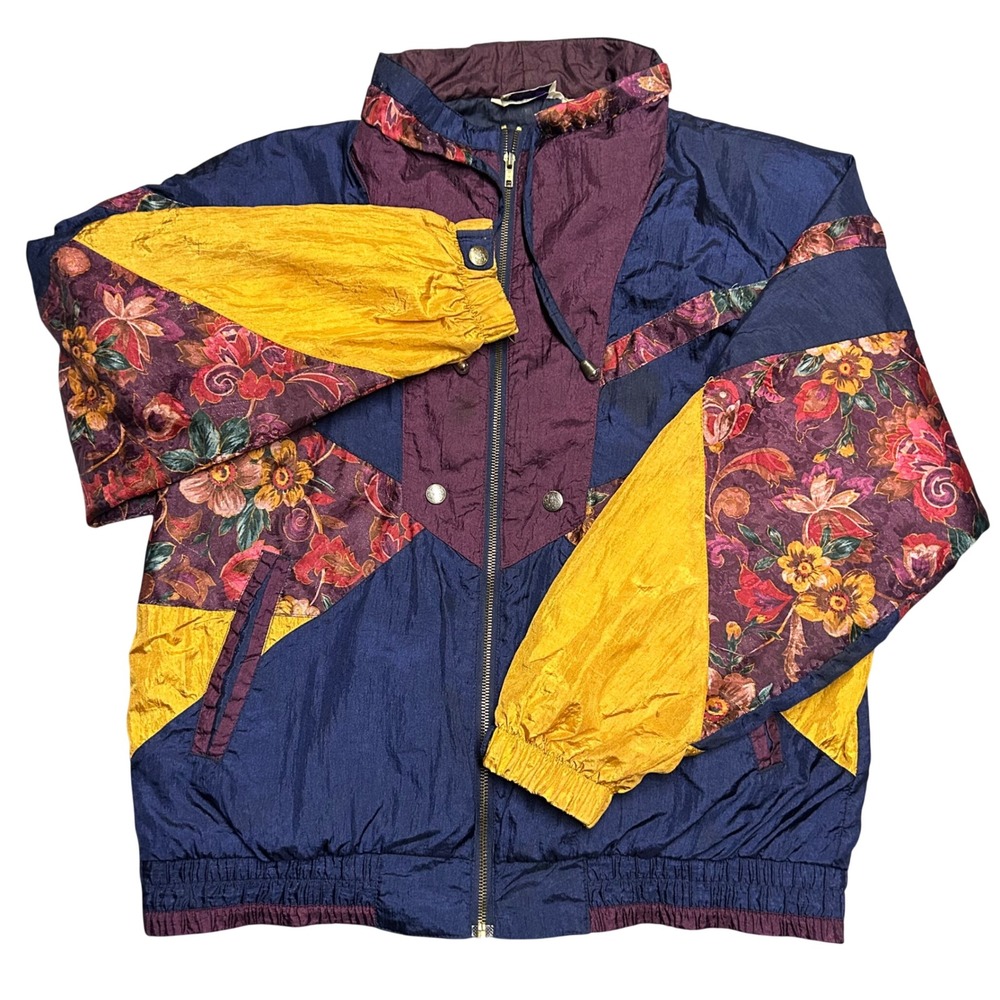 Athleisure Windbreaker Jacket Navy Blue Womens L Floral Colorblock 90s Vintage